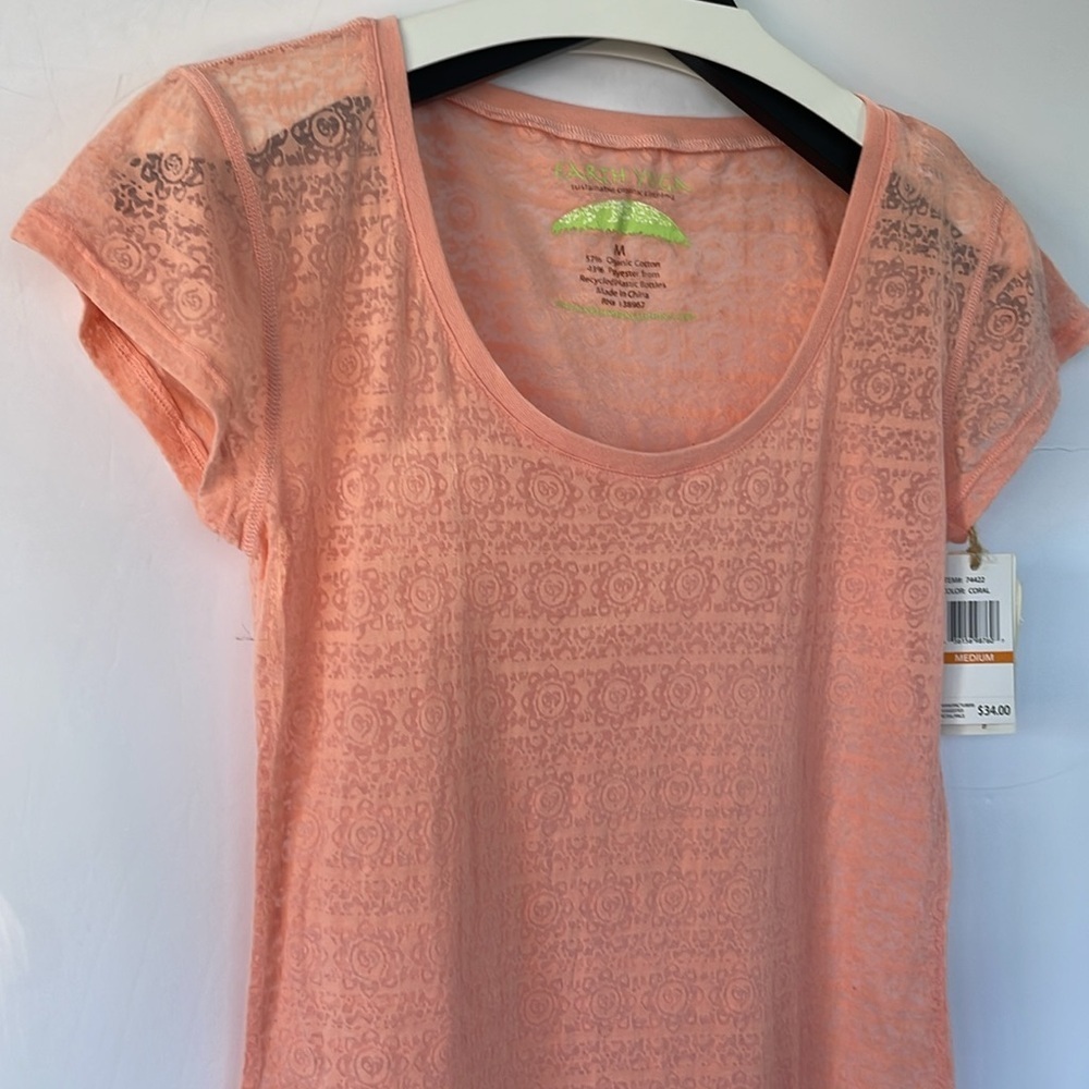 Earth Yoga Sheer Organic Cotton Blend Coral Peach Short Sleeve Tee Medium - Picture 3 of 14